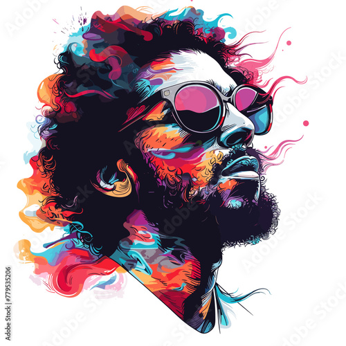 Portrait of a man with curly hair and sunglasses. Vector illustration.
