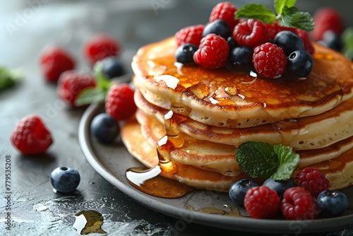 Stack of Pancakes Topped With Berries and Mint