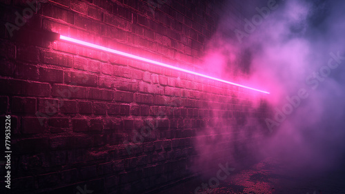 A brick wall with a pink line of light shining on it