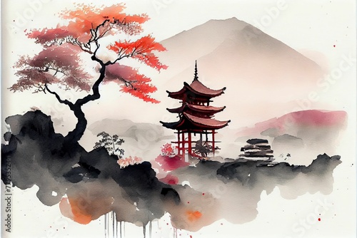 AI-generated illustration of an ink wash painting of an ancient Asian temple