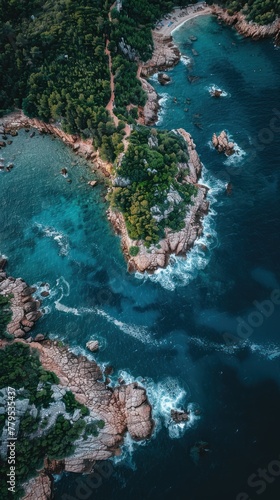 A top-down view of a body of water with waves hitting rocky shorelines, surrounded by lush green trees