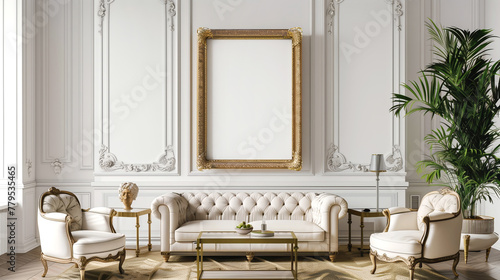 An interior design of a living room with wooden furniture including a couch, chairs, and a coffee table. A picture frame hangs on the wall beside a plant photo