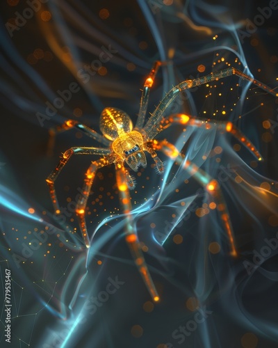 Glowing spider on a digital web background. A captivating image of a spider enhanced with glowing digital effects, creating a blend of nature and technology © Vuk