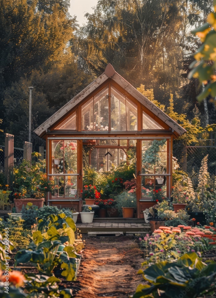 Sunset view of a charming wooden greenhouse. Gorgeous evening ambiance as the sun sets behind a beautifully designed wooden greenhouse nestled among flowers Sunset view of a charming wooden greenhouse. Gorgeous evening ambiance as the sun sets behind a beautifully designed wooden greenhouse nestled among flowers