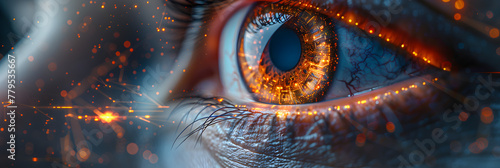 Web programming language banner, Closeup of human eye glowing digital interface graphics Bright lights and patterns indicate advances in biotechnology