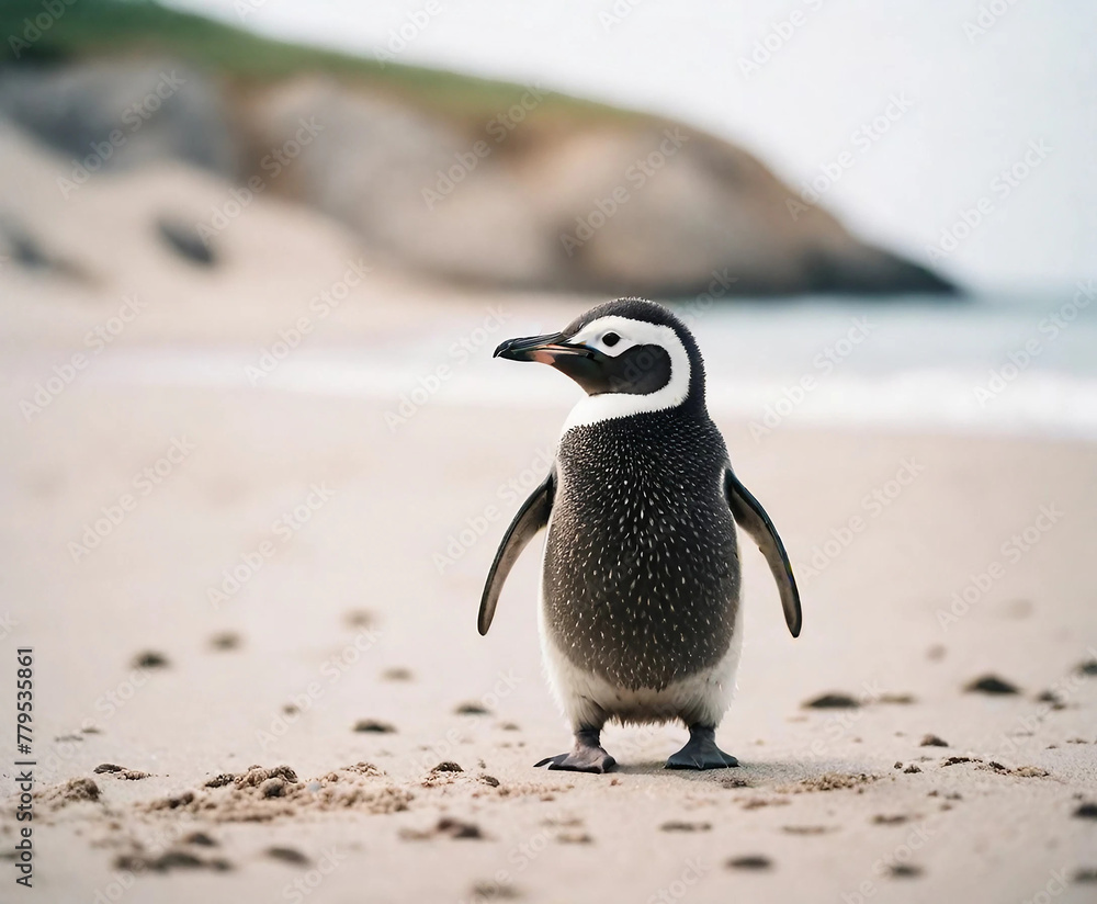 Fototapeta premium a penguin standing on the beach with its head turned generative ai