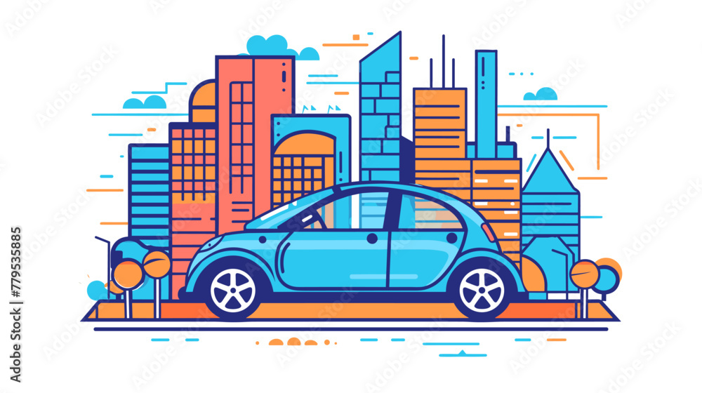 Modern cityscape with blue car on the road. Vector illustration. Modern cityscape with blue car on the road. Vector illustration.