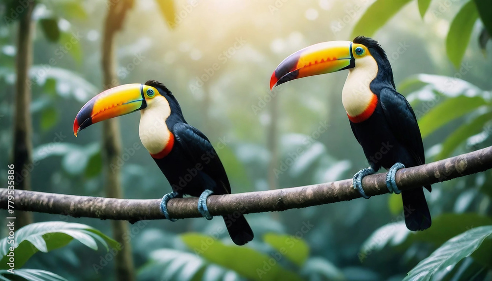 Two toucan tropical birds sitting on a tree branch in a natural wildlife environment in a rainforest jungle. Generative AI Two toucan tropical birds sitting on a tree branch in a natural wildlife environment in a rainforest jungle. Generative AI
