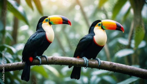 Two toucan tropical birds sitting on a tree branch in a natural wildlife environment in a rainforest jungle. Generative AI photo