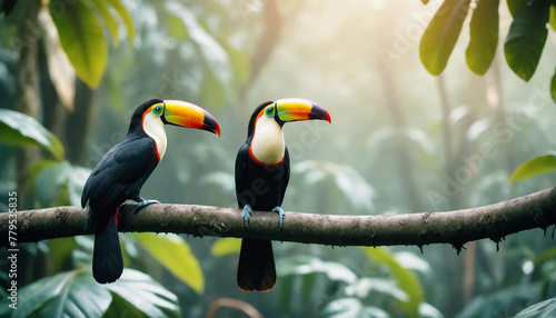 Two toucan tropical birds sitting on a tree branch in a natural wildlife environment in a rainforest jungle. Generative AI