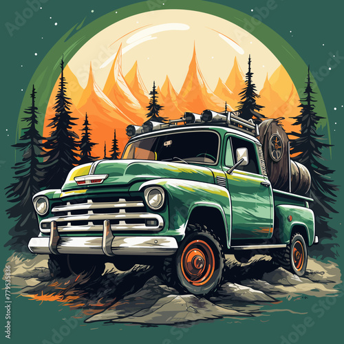 Off-road car in the forest at night. Vector illustration.