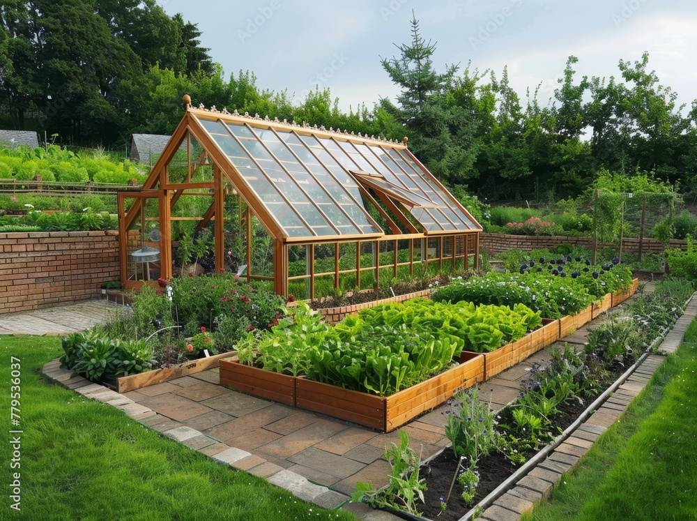Modern greenhouse in a vibrant vegetable garden. A contemporary greenhouse with a transparent roof overlooks a dynamic vegetable garden, exemplifying modern farming Modern greenhouse in a vibrant vegetable garden. A contemporary greenhouse with a transparent roof overlooks a dynamic vegetable garden, exemplifying modern farming