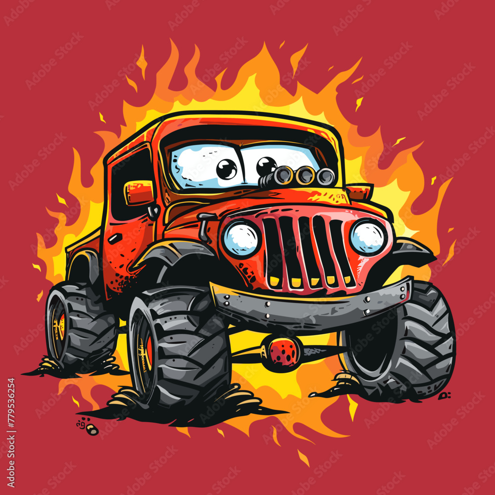 Illustration of a cartoon monster truck on fire. Vector illustration.