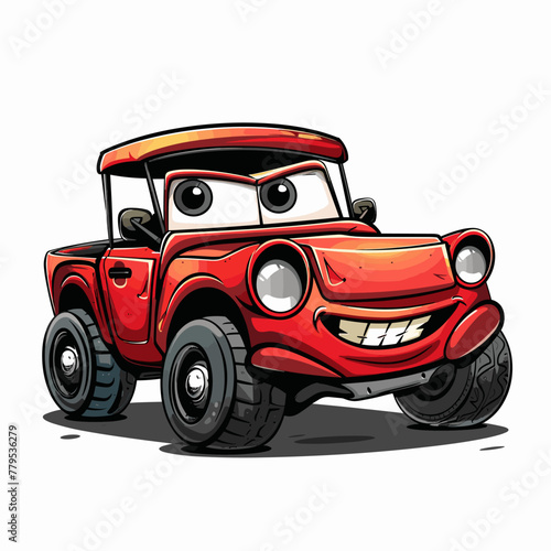 Cartoon red car with big eyes. Vector illustration on white background.