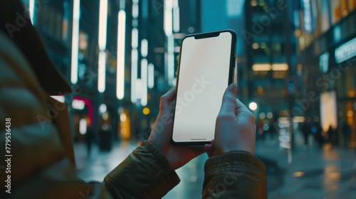 Cropped shot view of man hands holding smart phone with blank copy space screen for your text message or information content, female reading text message on cell telephone during in urban setting