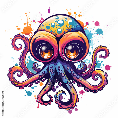Funny octopus head with eyes and tentacles. Vector illustration.