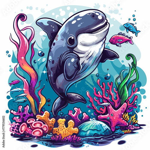 Cute cartoon killer whale swimming in the sea. Vector illustration.