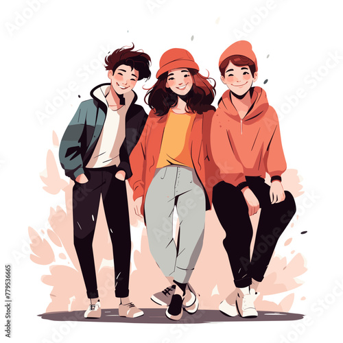 Group of trendy young people in trendy clothes. Stylish hipster guys and girls in casual clothes. Vector illustration.