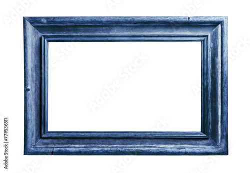 Old blue wooden wide frame on a white and transparent background. PNG.