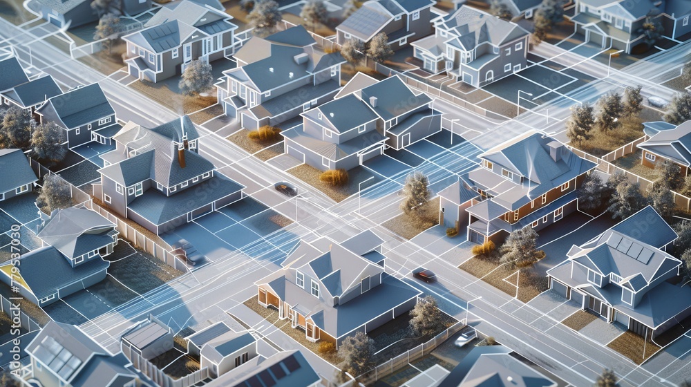 A network of smart homes in a suburban neighborhood, visualized with digital overlays to depict a connected, efficient smart city infrastructure.