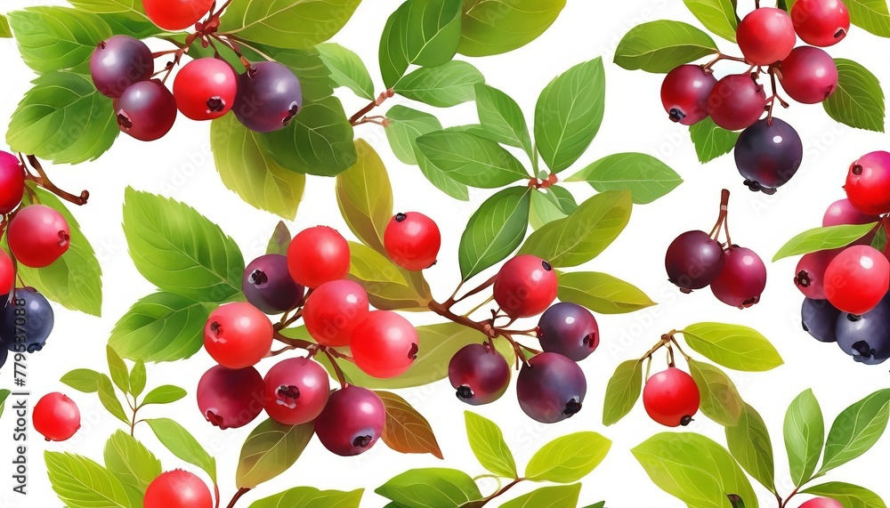Vibrant seamless pattern of ripe red and black berries with green leaves, ideal for summer solstice and harvest festival themed designs Vibrant seamless pattern of ripe red and black berries with green leaves, ideal for summer solstice and harvest festival themed designs