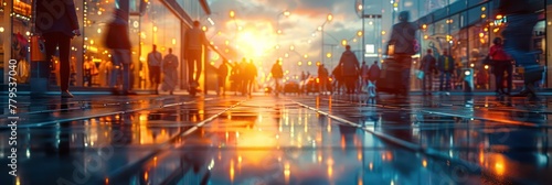 A busy city street with people walking and cars driving