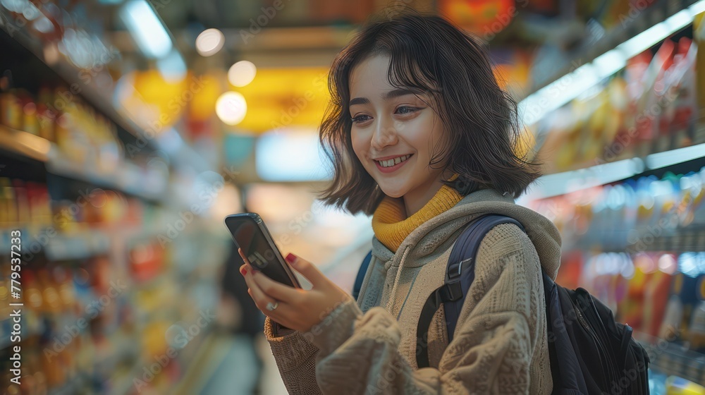 Asian young woman smiles Looking at the phone while shopping in the supermarket.