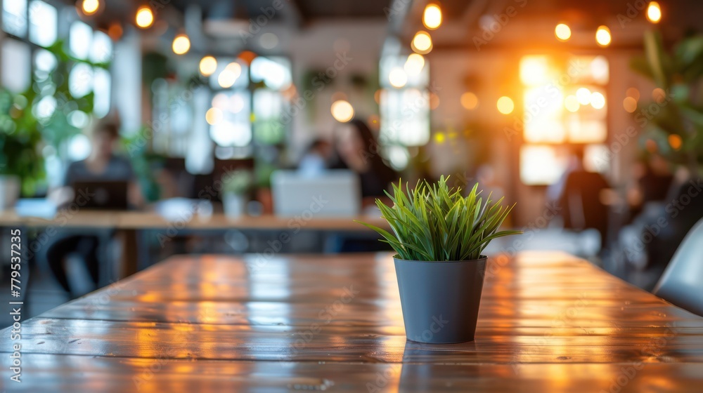 A potted plant sits on a wooden table in a cafe The table is surrounded by chairs and there are several people in the background. The atmosphere is casual and relaxed. A potted plant sits on a wooden table in a cafe The table is surrounded by chairs and there are several people in the background. The atmosphere is casual and relaxed.
