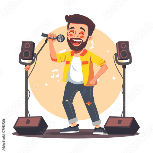 Male singing into the microphone. Flat vector illustration.