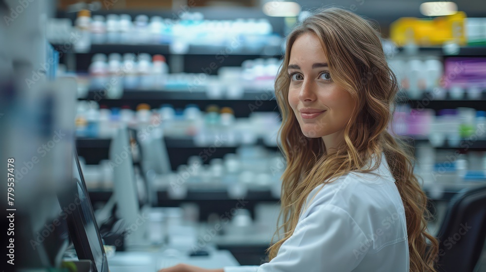 A pharmacy woman in a white lab coat is smiling at the camera while working at a computer