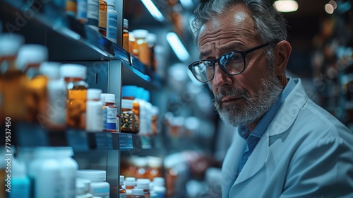 A pharmacy man in a lab coat is looking at a shelf full of medicine bottles. Concept of focus and concentration as the man examines the various medications