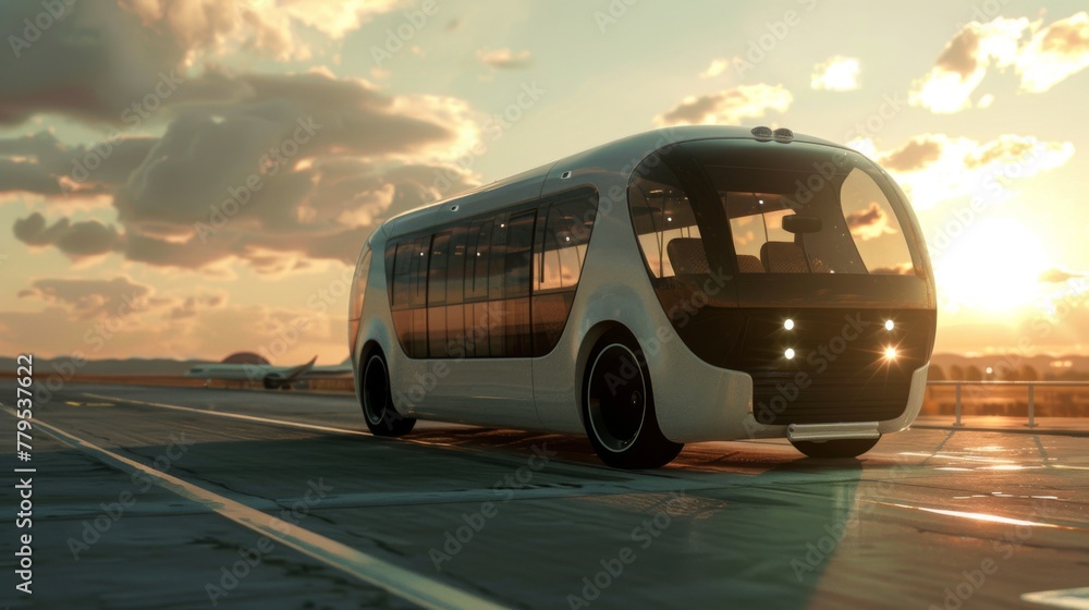 White Bus Driving on Runway at Sunset