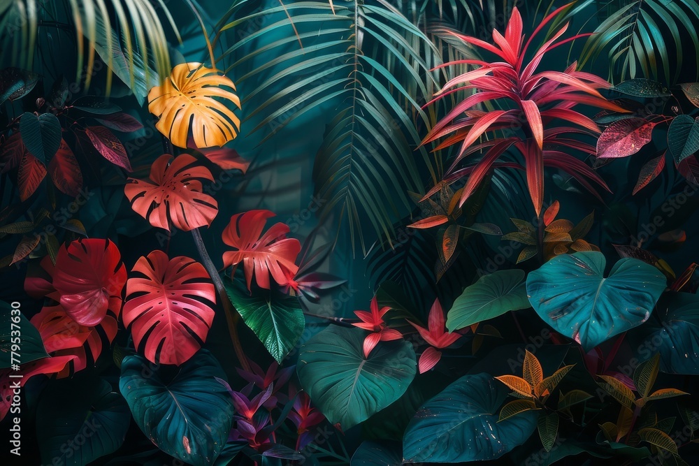Tropical background with painted tropical elements, embodying a minimal fashion summer concept.