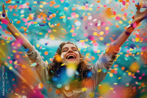 Vibrant celebration scene with a person amidst confetti under a colorful sky