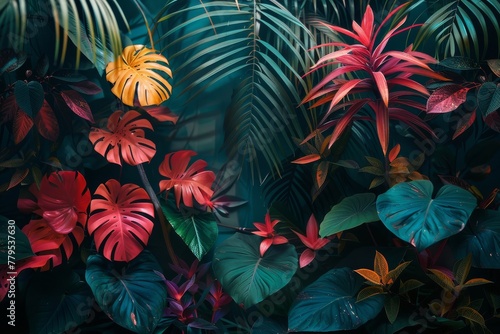 Tropical background with painted tropical elements  embodying a minimal fashion summer concept.