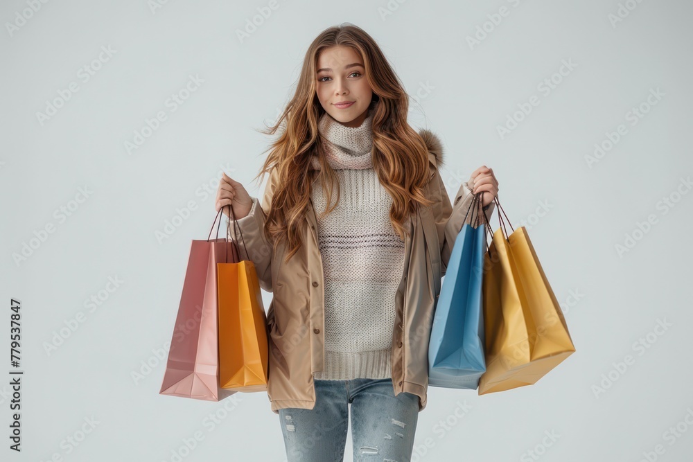 A woman is holding several shopping bags and wearing a brown and white sweater A woman is holding several shopping bags and wearing a brown and white sweater