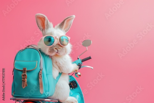 A rabbit, wearing sunglasses, sits on a scooter in this fun and quirky scene