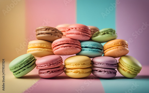 Brightly colored macarons in a row against a pastel background, symbolizing sweetness and indulgence