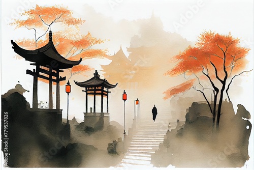 AI generated illustration of Japanese shrines in a dreamy autumn landscape - a cultural concept