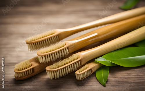 Eco-friendly bamboo toothbrushes on a wooden surface against a green, natural background, symbolizing sustainability and care for the environment