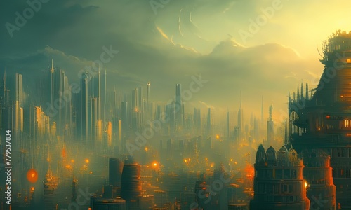 AI generated illustration of Illuminated cityscape in the fog