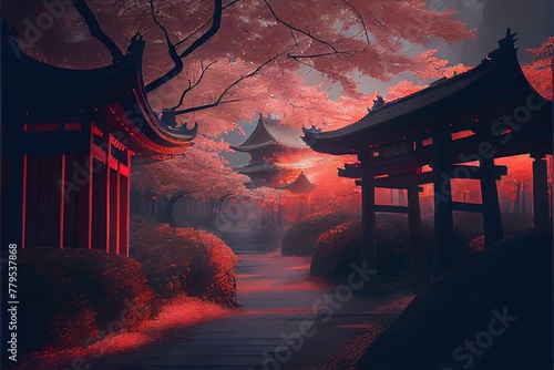 AI generated illustration of a Japanese shrine in a spring landscape at night - a religious concept