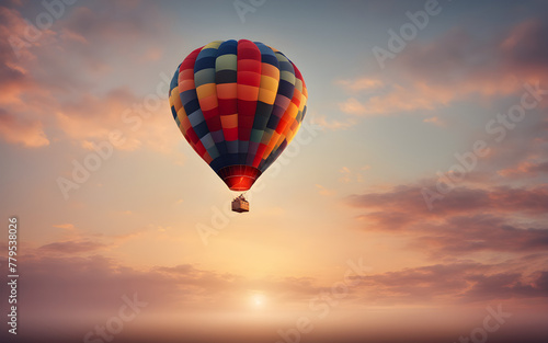 Hot air balloon in the sky at dawn against a soft, pastel background, symbolizing freedom and adventure © julien.habis