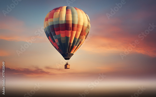 Hot air balloon in the sky at dawn against a soft, pastel background, symbolizing freedom and adventure