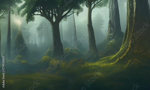 AI generated illustration of realistic forest landscape with big trees in a fog