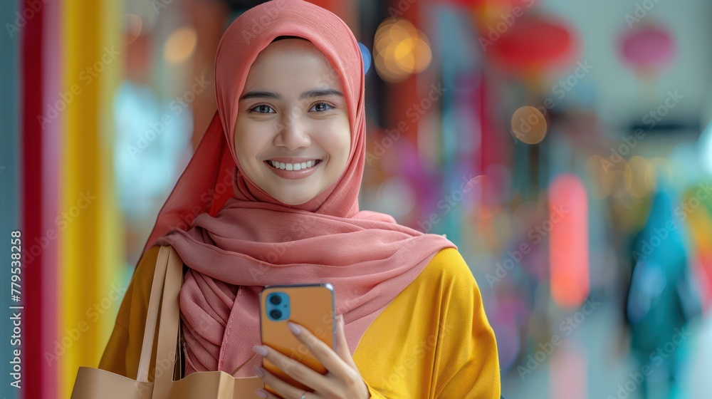 A woman wearing a pink scarf and yellow shirt is holding a cell phone.she is enjoying her shopping experience