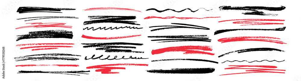 Doodle vector hand drawn scribble, strikethrough, charcoal wavy underline and crayon strokes. Black and red grunge pencil highlight lines, chalk squiggles and marker strip isolated on white background