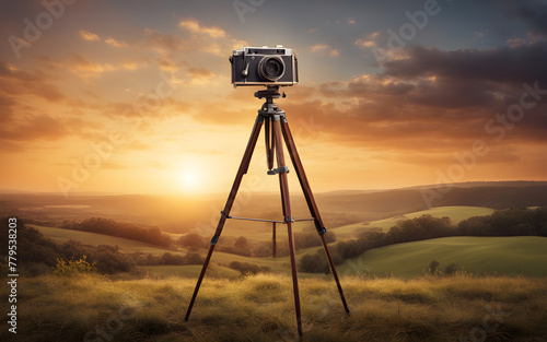 Vintage camera on a tripod against a sunset landscape, symbolizing photography and adventure