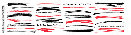 Doodle vector hand drawn scribble, strikethrough, charcoal wavy underline and crayon strokes. Black and red grunge pencil highlight lines, chalk squiggles and marker strip isolated on white background photo