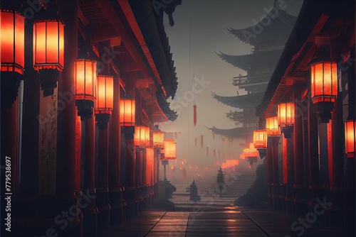 AI generated illustration of hyper-realistic torii gates and lit lanterns in the evening